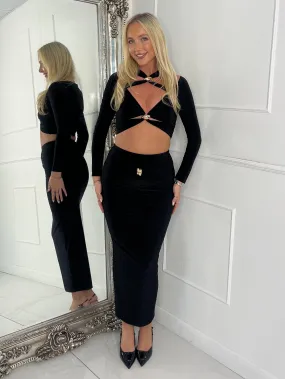 Cut Out Top & Gold Buckle Maxi Skirt Co-ord - Black
