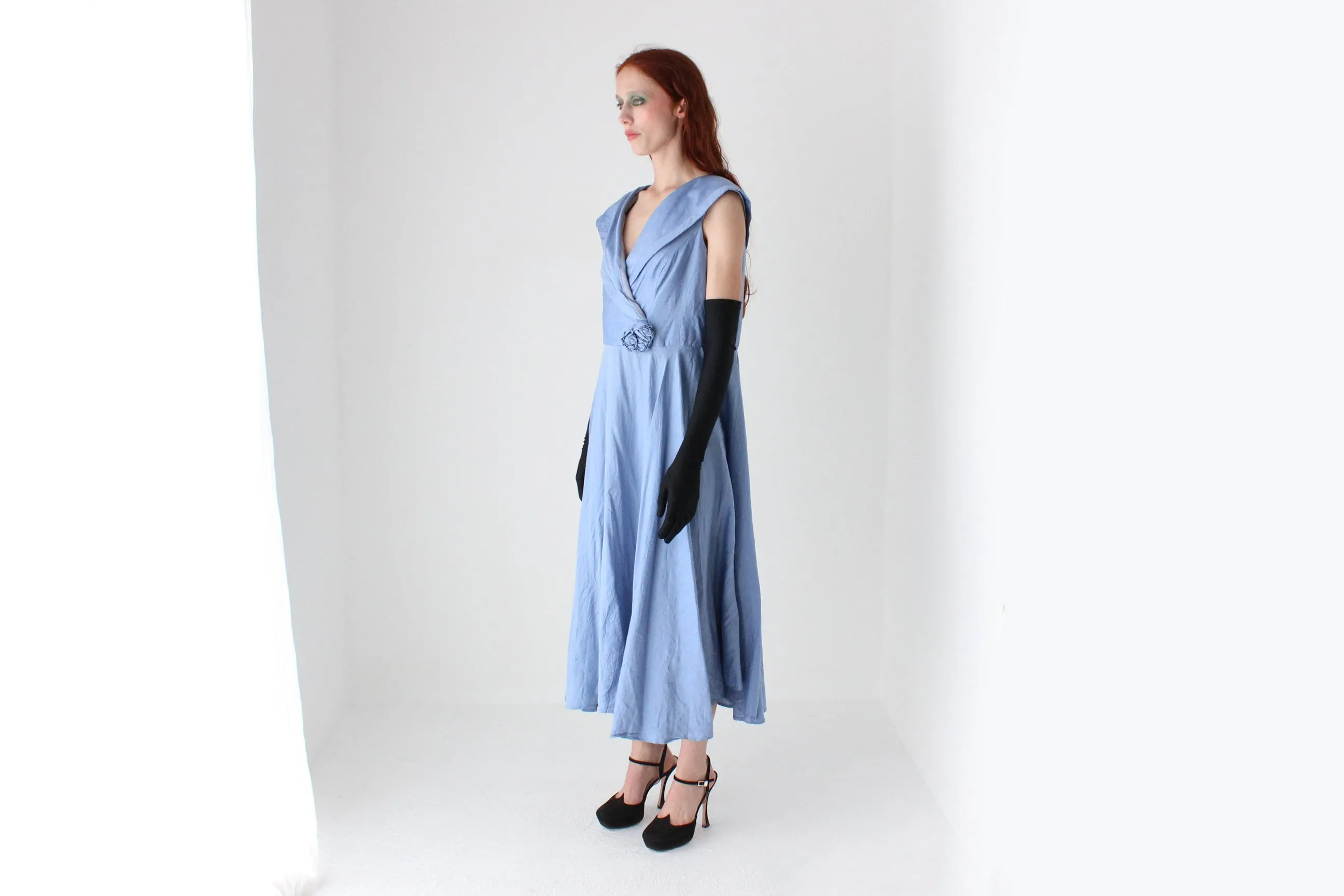 Dreamy 1980s Cornflower Blue Raw Silk Cocktail Dress