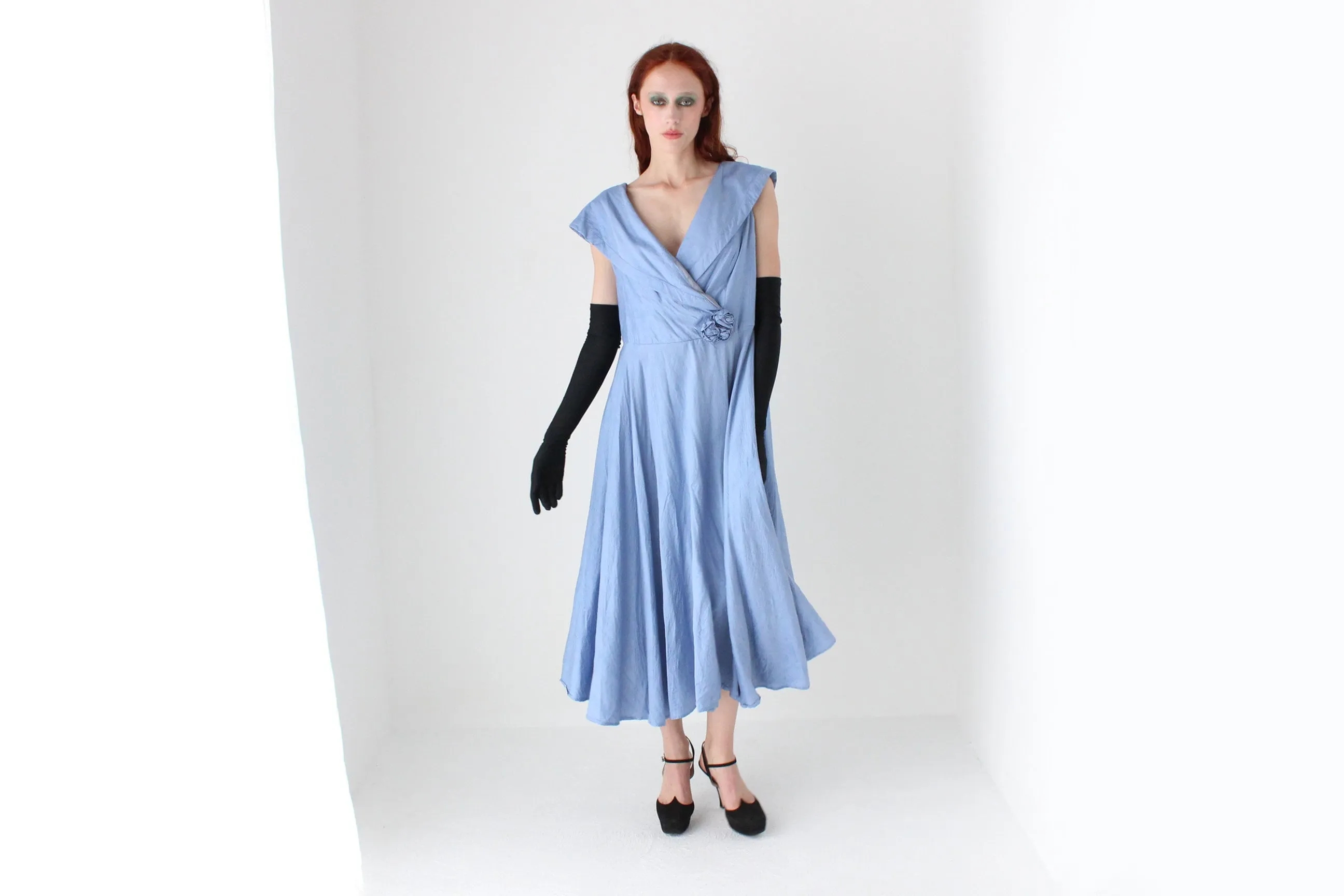 Dreamy 1980s Cornflower Blue Raw Silk Cocktail Dress