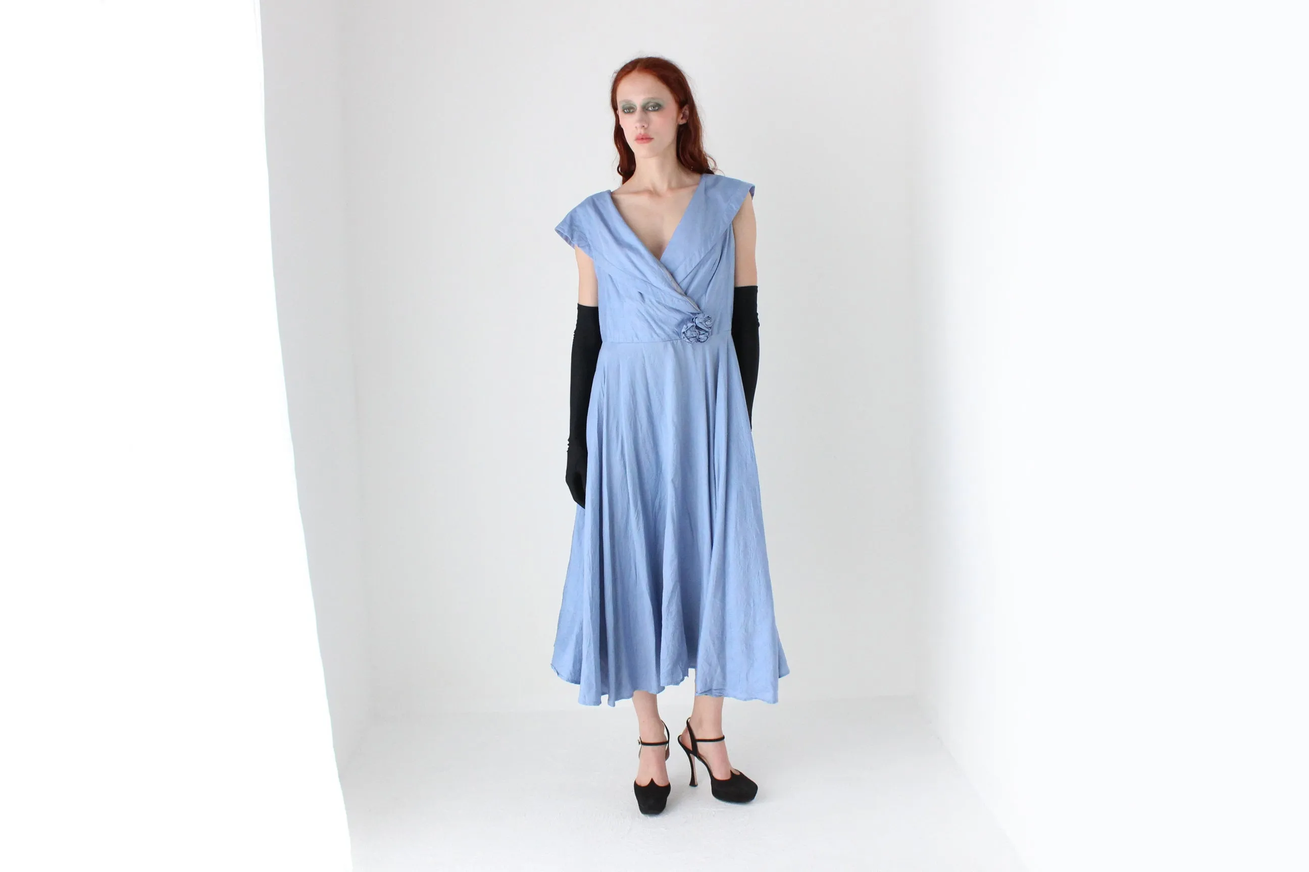 Dreamy 1980s Cornflower Blue Raw Silk Cocktail Dress