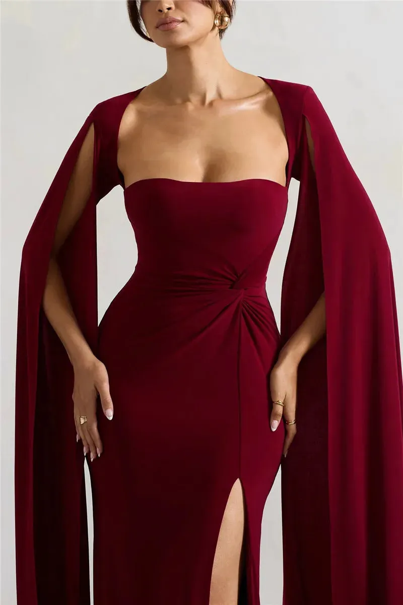 Elegant Cape Sleeve Maxi Dress with High Split