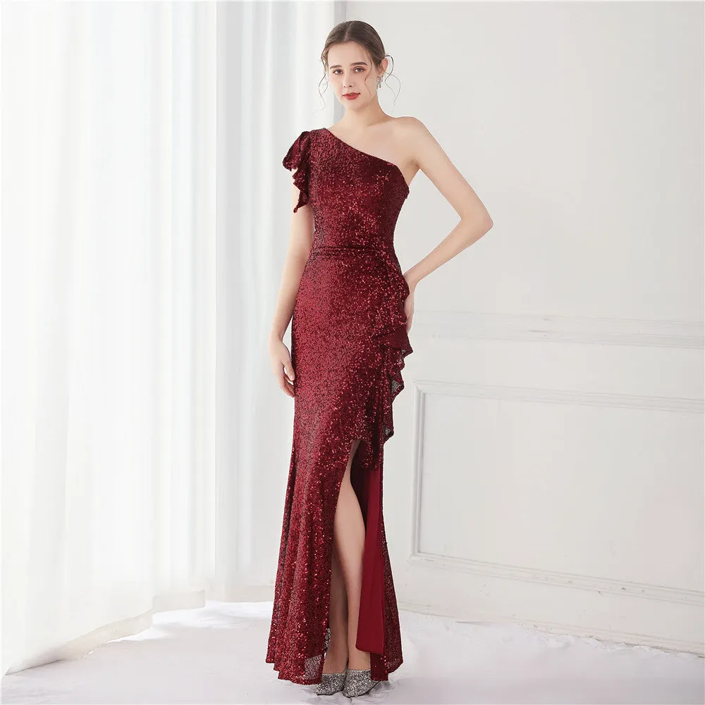 Elegant One Shoulder Sequin Evening Dress