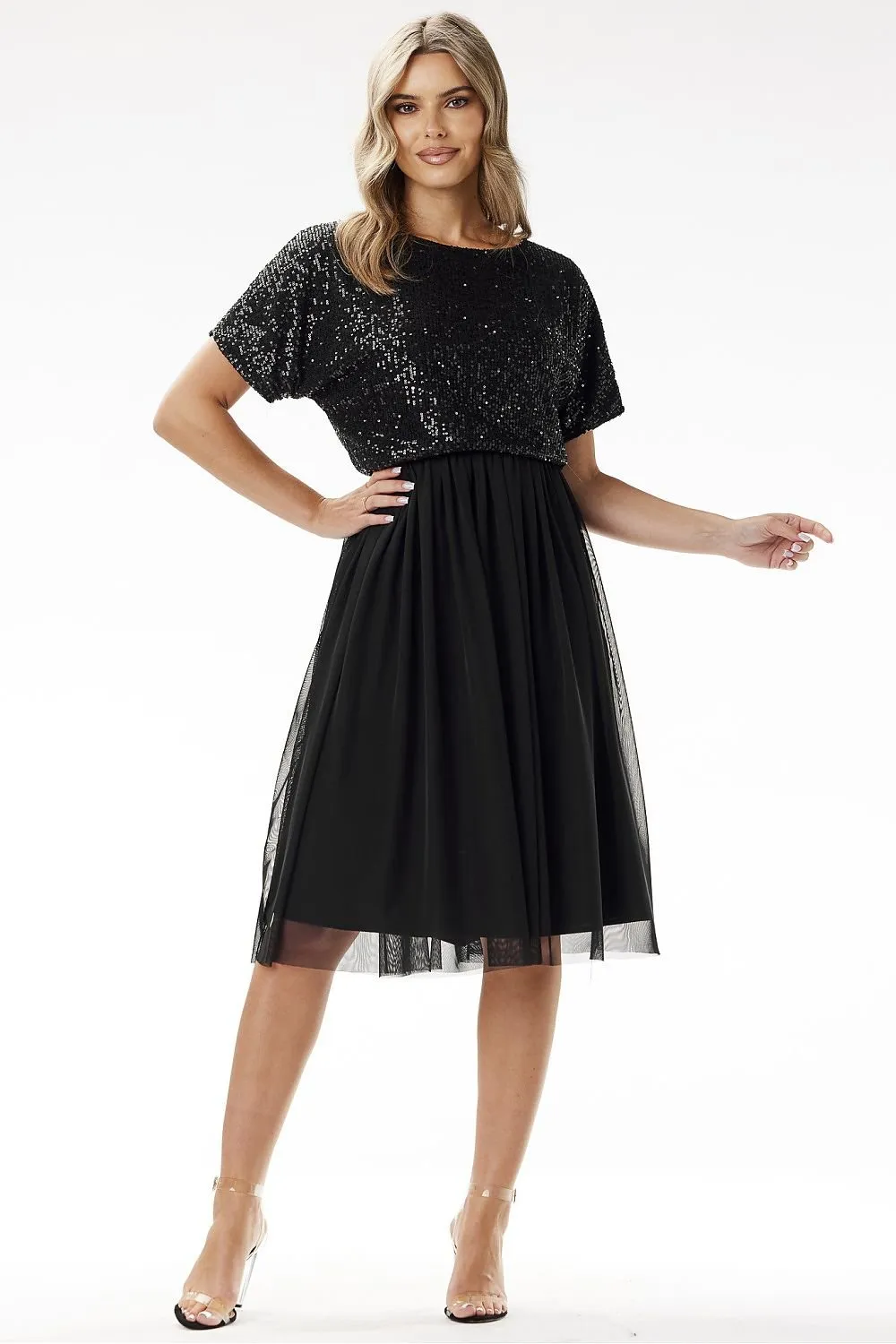 Elegant sequin midi tulle evening dress