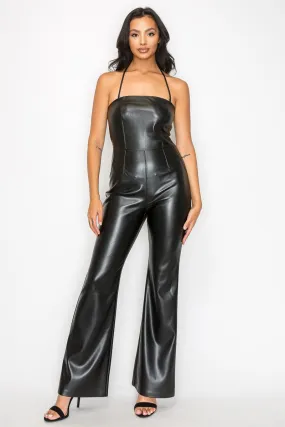 Faux Leather Wide Leg Tube Jumpsuit