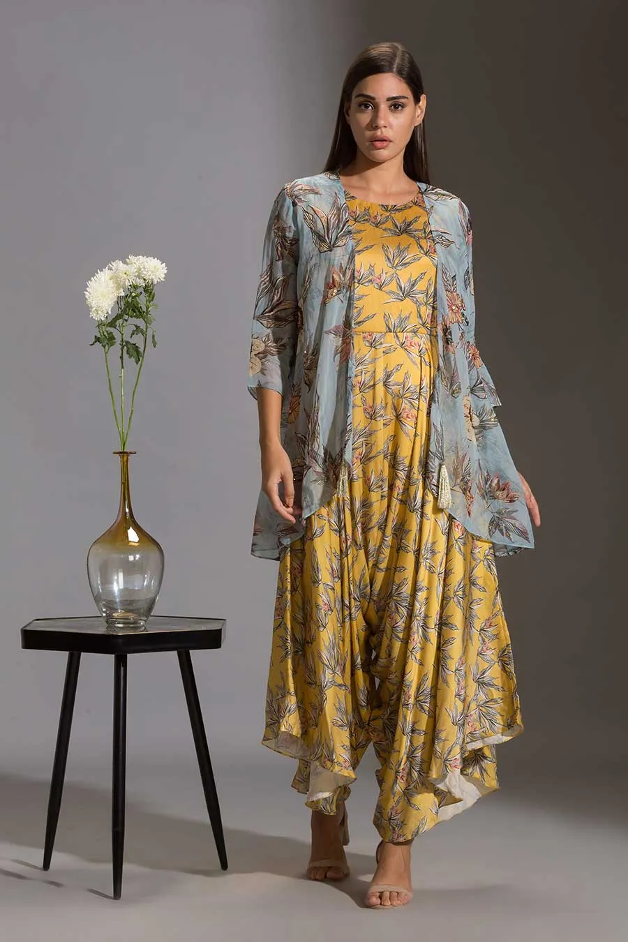 Floral Print Dhoti Jumpsuit & Jacket Set