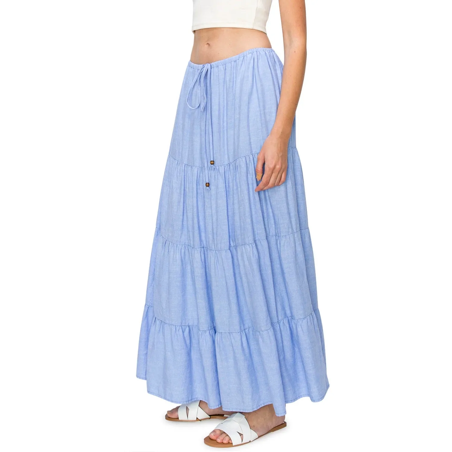 Flowy Tiered Maxi Linen Skirt - Blue