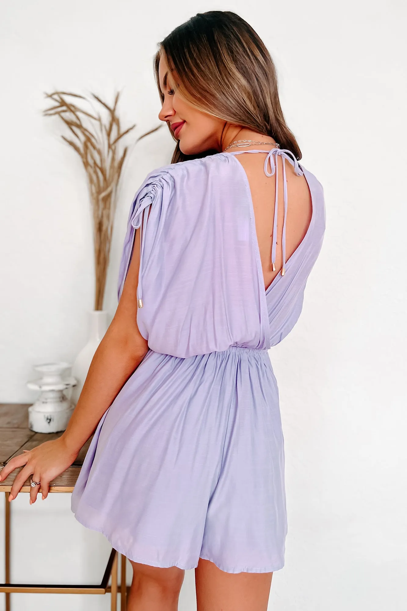 Girl Talk Ruched Shoulder Surplice Romper (Lavender)