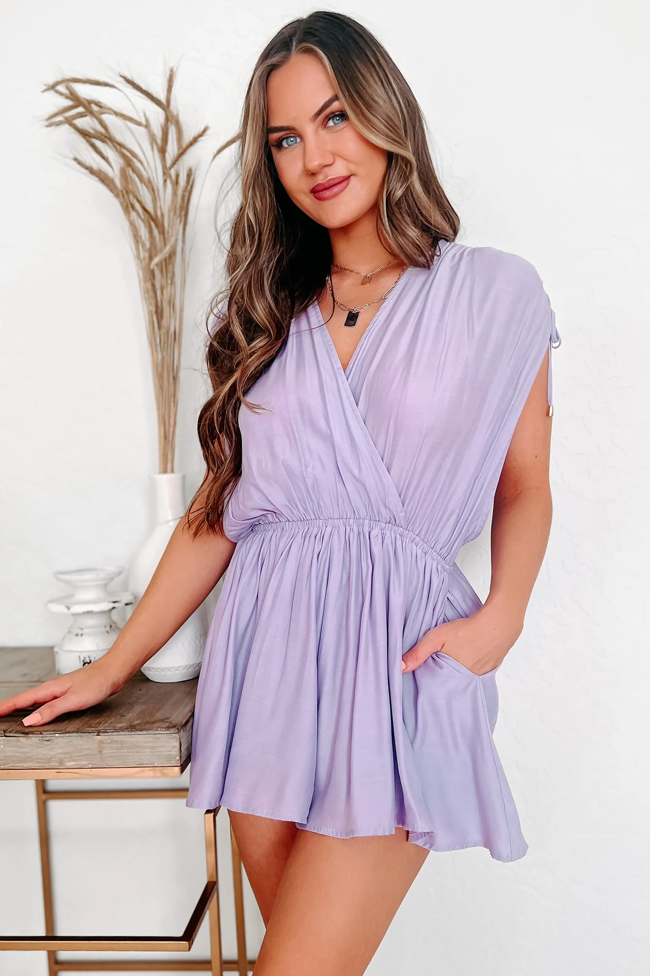 Girl Talk Ruched Shoulder Surplice Romper (Lavender)
