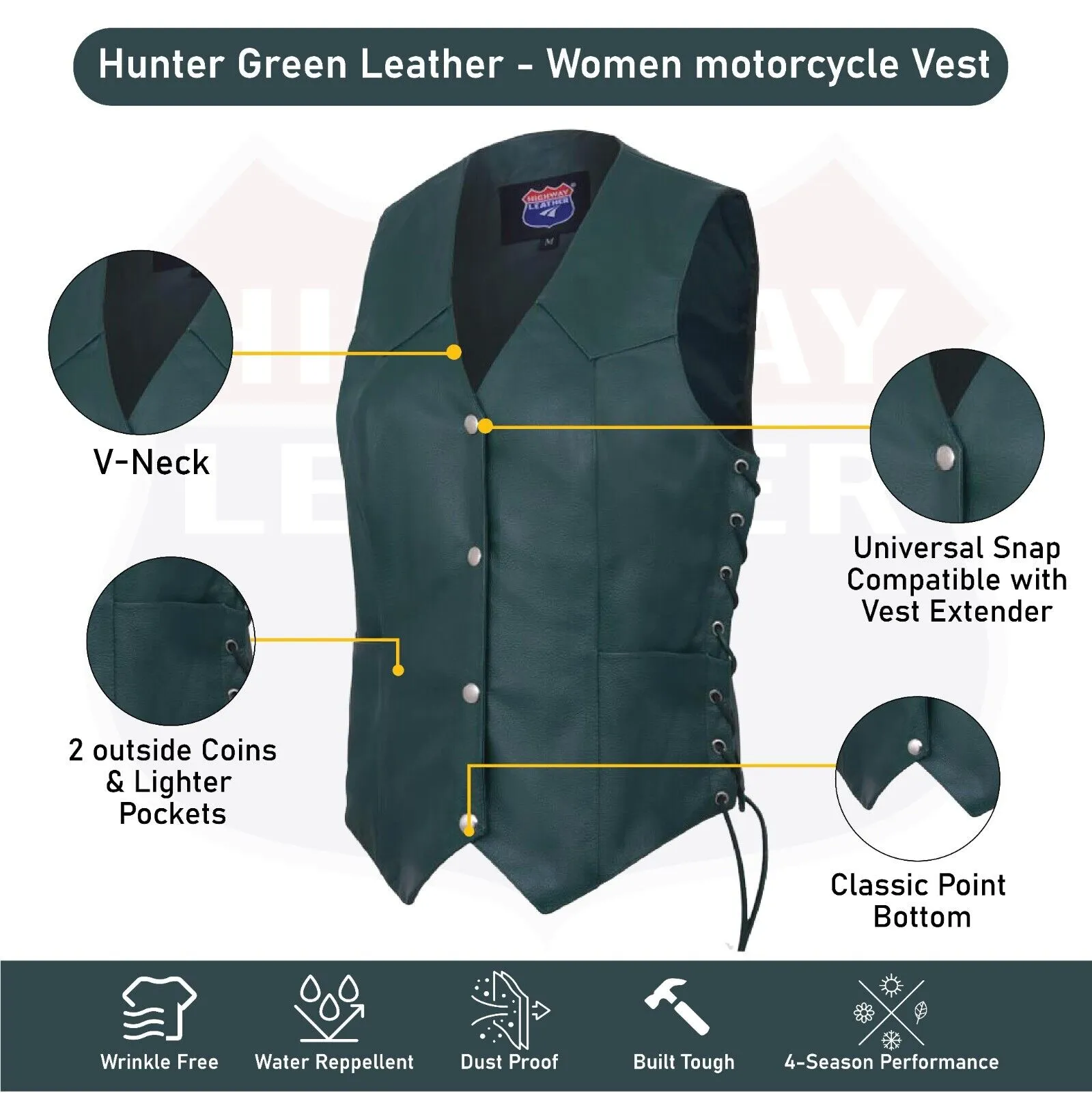 Hunter Green Women motorcycle Leather Vest Biker Club Conceale Carry #14501Green