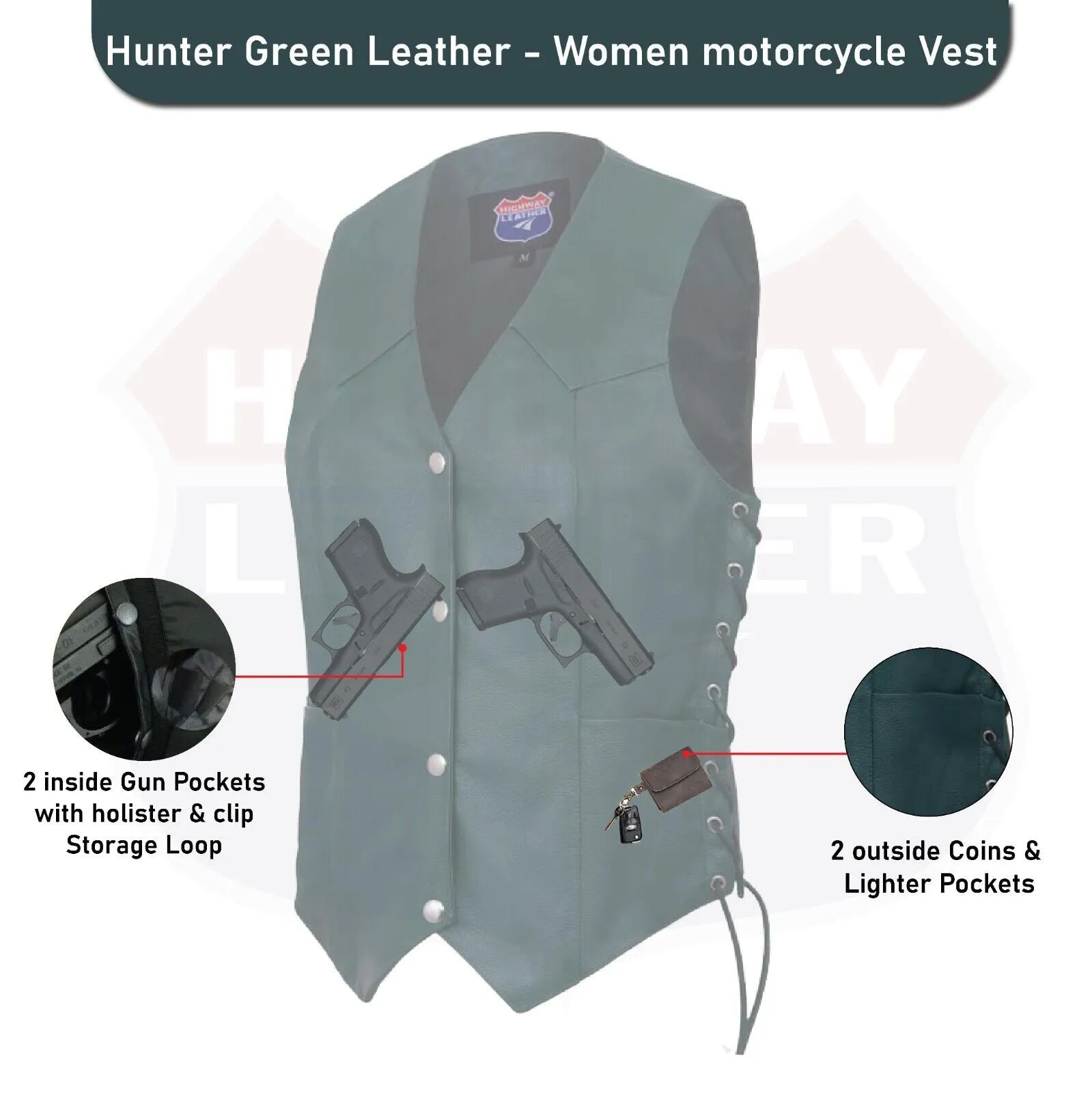 Hunter Green Women motorcycle Leather Vest Biker Club Conceale Carry #14501Green
