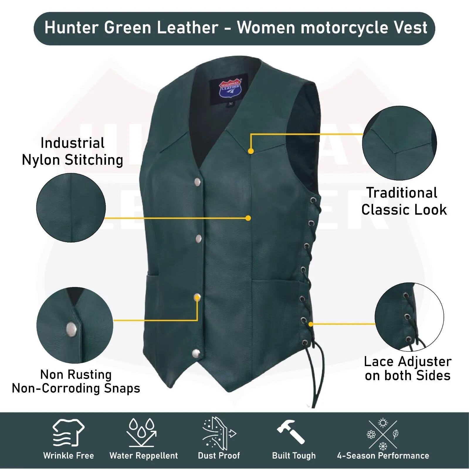 Hunter Green Women motorcycle Leather Vest Biker Club Conceale Carry #14501Green
