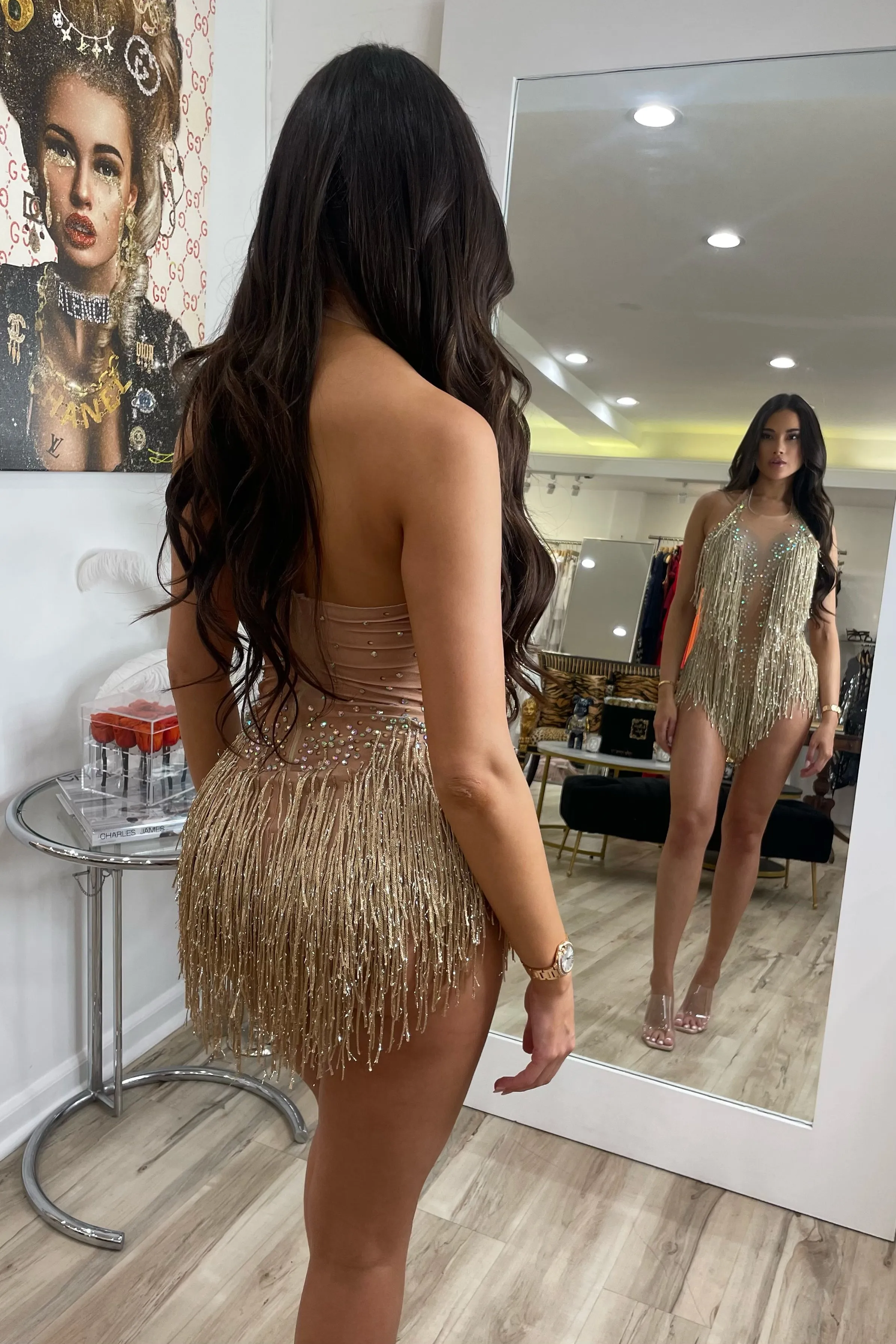 Jessica Bara Reverie Halter Fringe Mini Dress