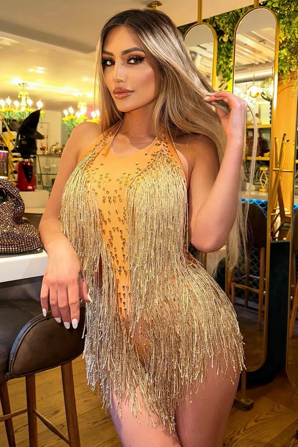 Jessica Bara Reverie Halter Fringe Mini Dress