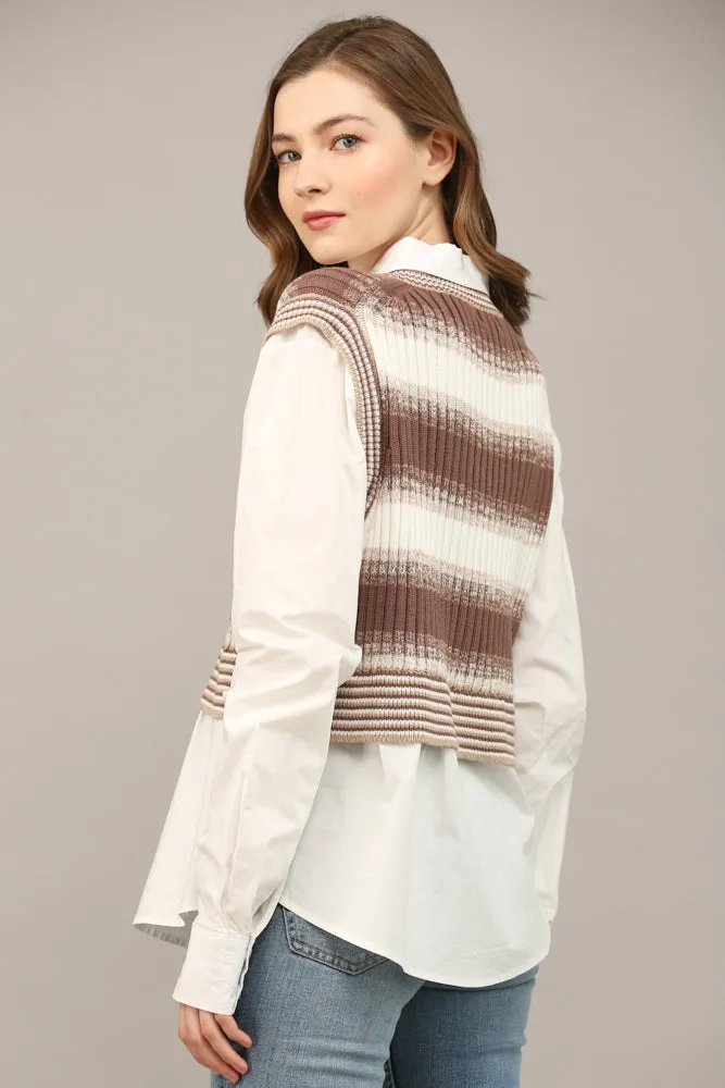 Knitted Vest Overlay Twofer Shirt - White/Brown