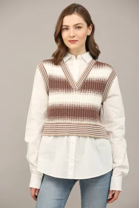 Knitted Vest Overlay Twofer Shirt - White/Brown