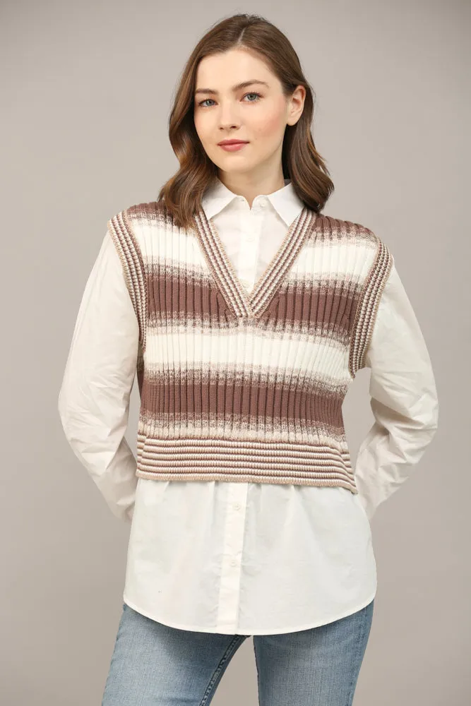 Knitted Vest Overlay Twofer Shirt - White/Brown