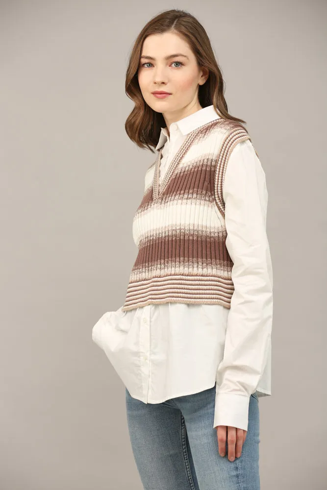 Knitted Vest Overlay Twofer Shirt - White/Brown