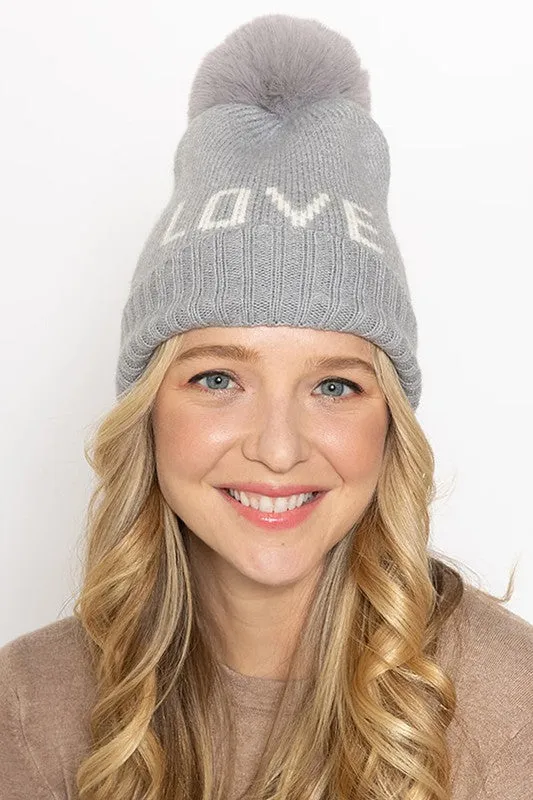 LOVE Ribbed Cuff Knit Beanie Hat w Pom Pom