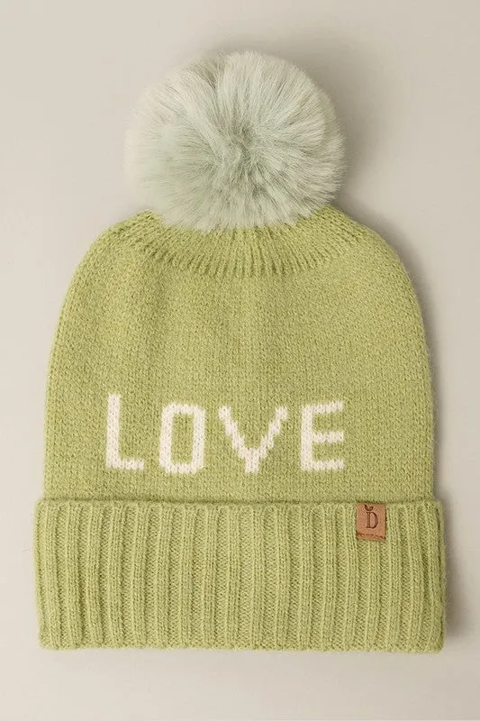 LOVE Ribbed Cuff Knit Beanie Hat w Pom Pom