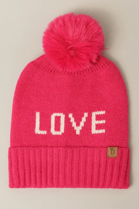 LOVE Ribbed Cuff Knit Beanie Hat w Pom Pom