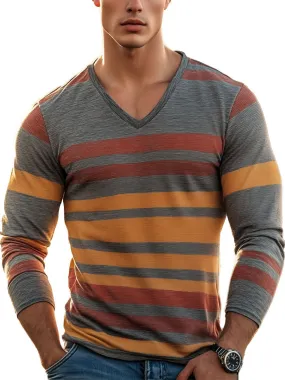Men's Retro Striped V-Neck Casual Long Sleeve T-Shirt