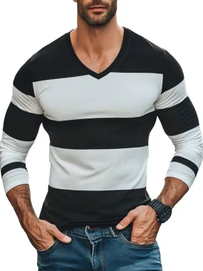 Men's V-Neck Black And White Striped Casual Long-Sleeved T-Shirt