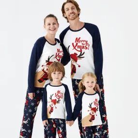 Merry Xmas Letters and Reindeer Print Navy Family Matching Long-sleeve Pajamas Sets (Flame Resistant)