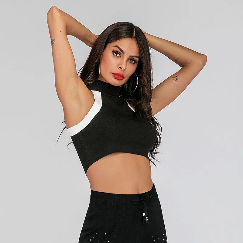 PEOPLETERRITORY 2025 summer wear popular new sleeveless vest women's top sexy color matching slim neck super short knitted sweater