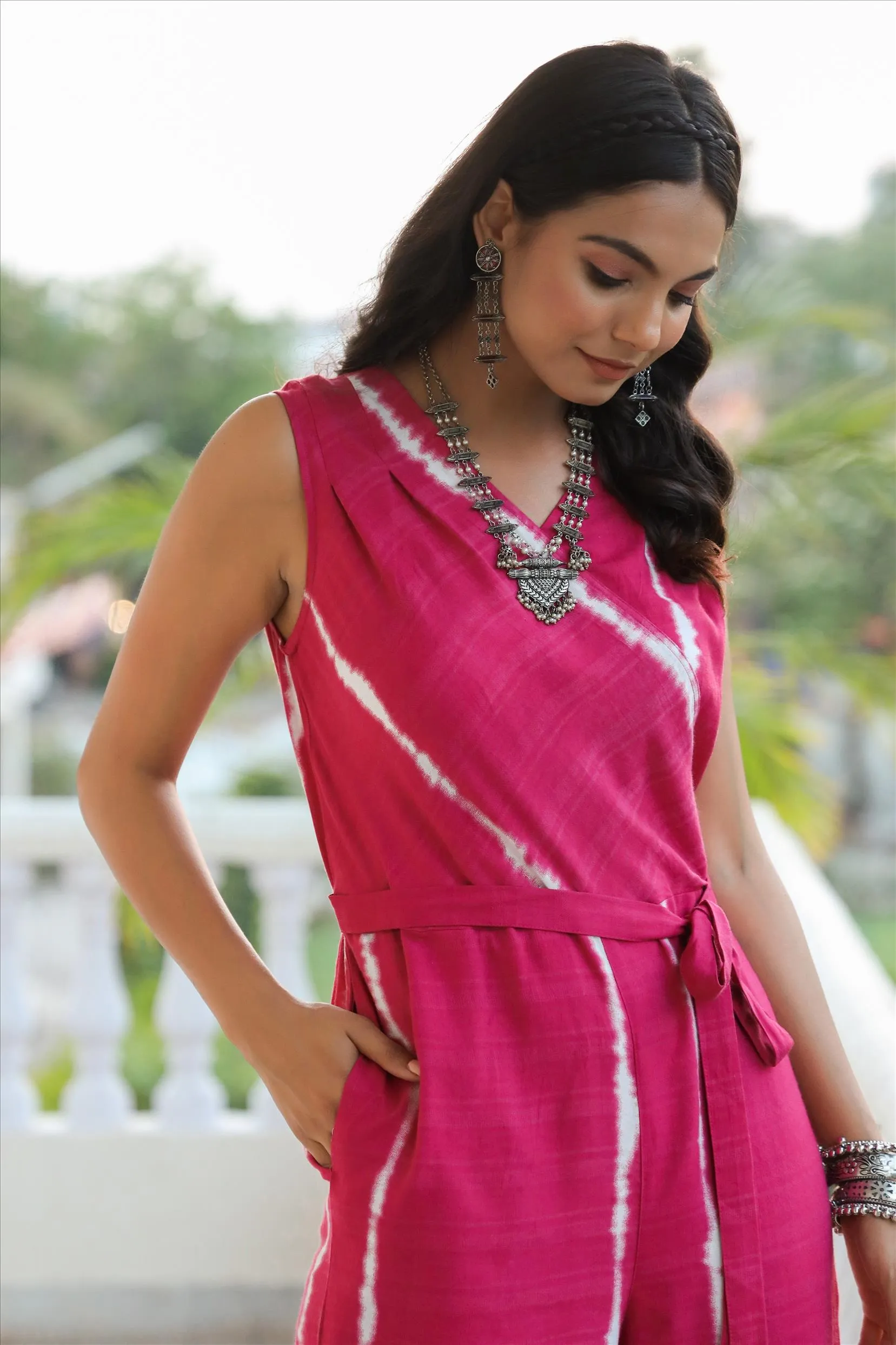 Pink Rayon Dobby Shibori Jumpsuit With Belt Tie Up