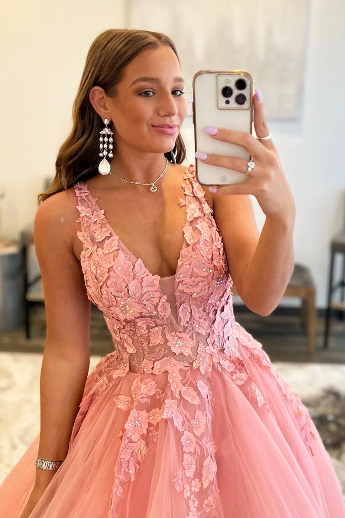 Pink V-Neck Tulle Long Prom Dress, Beautiful A-Line Formal Evening Dress