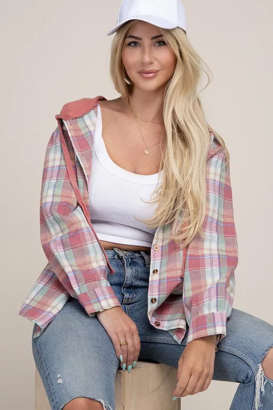 Plaid Shirt Hoodie in Pink