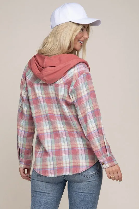 Plaid Shirt Hoodie in Pink