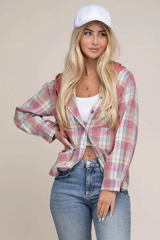 Plaid Shirt Hoodie in Pink