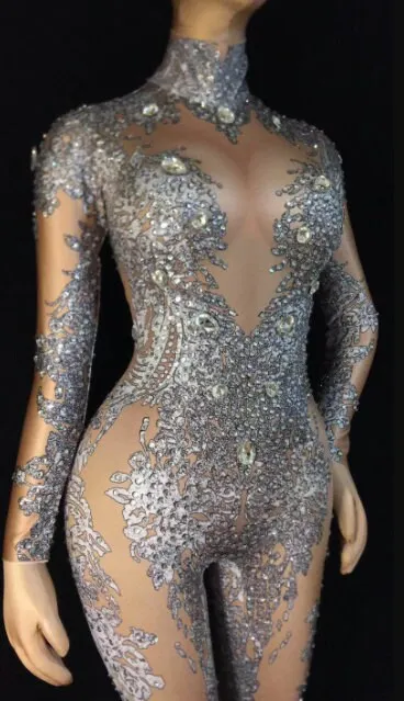 Rhinestone Jumpsuit Embellished Bodysuit Crystal Catsuit Party Festival Clothing