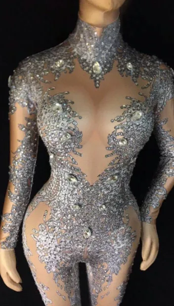 Rhinestone Jumpsuit Embellished Bodysuit Crystal Catsuit Party Festival Clothing