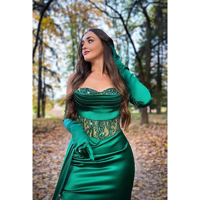 Sweetheart Strapless Appliqued Ruched Satin Sheath Long Prom Evening Dress