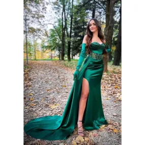 Sweetheart Strapless Appliqued Ruched Satin Sheath Long Prom Evening Dress
