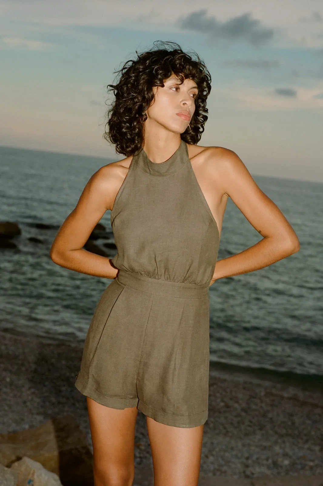 The Louise Short Halterneck Jumpsuit in mocha