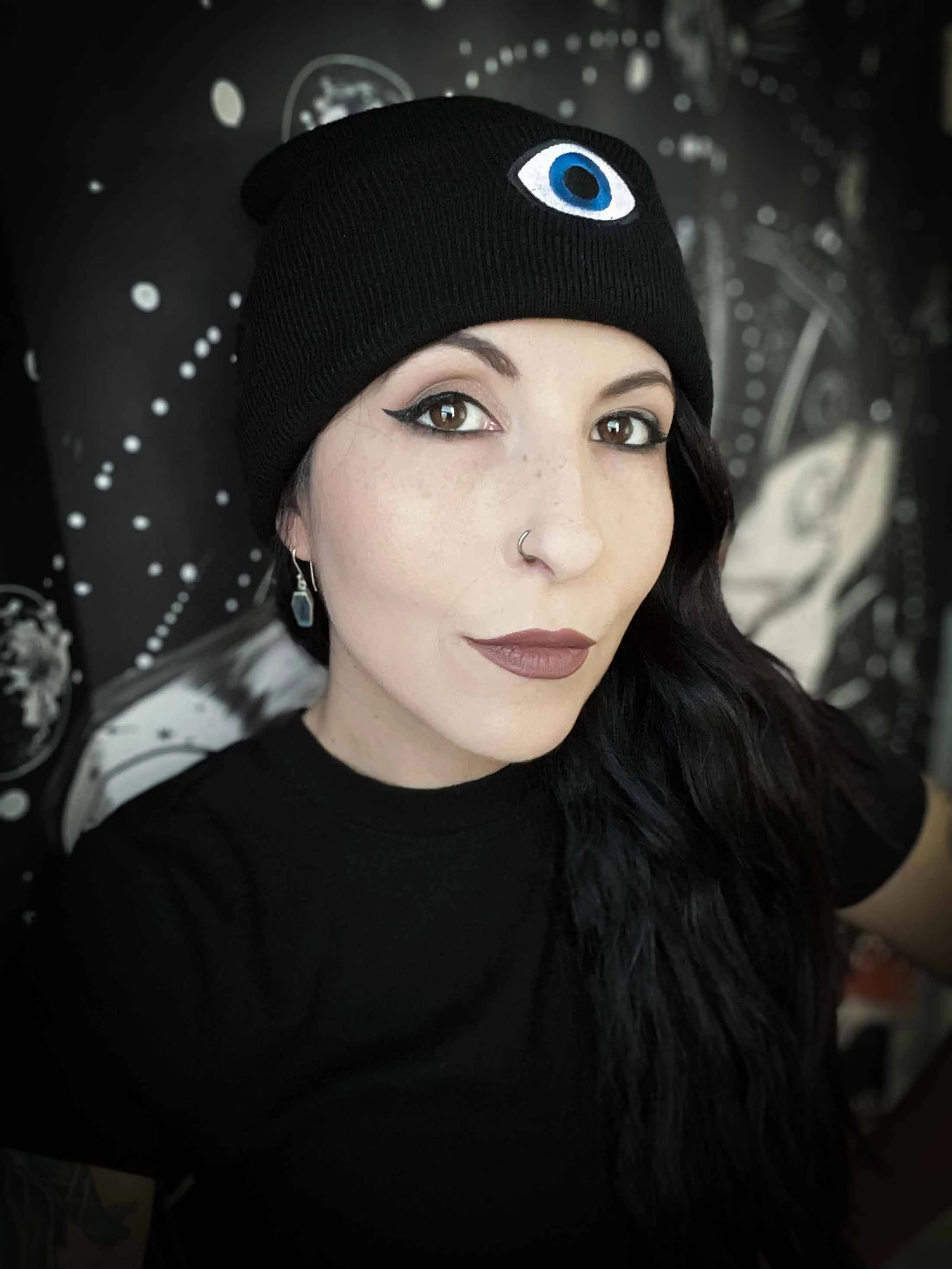 Third Blue Eye Embroidered Black Beanie Hat