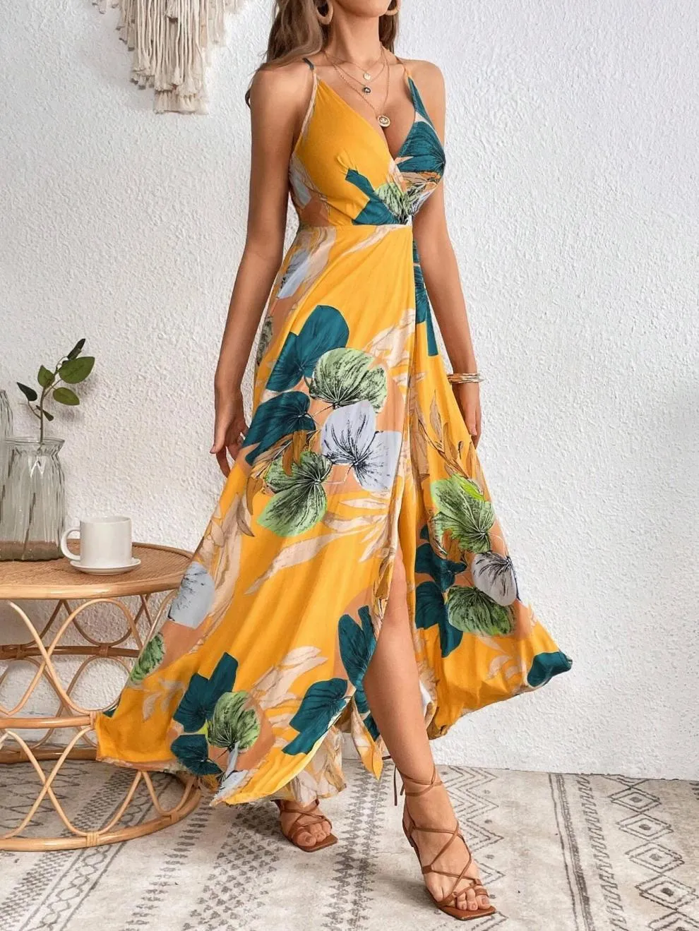 Tropical Printing Thigh Fork Sling Summer Dress