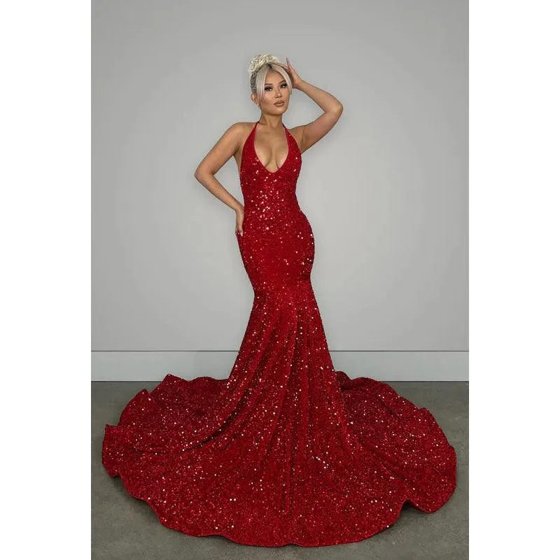 V-Neck Halter Backless Sequins Mermaid Long Prom Evening Dress With Sweep Train