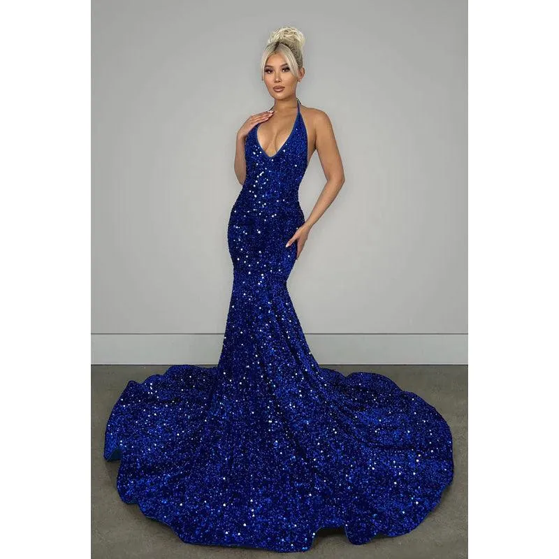 V-Neck Halter Backless Sequins Mermaid Long Prom Evening Dress With Sweep Train