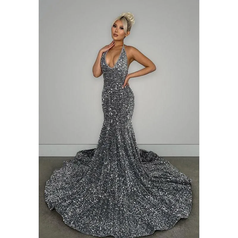 V-Neck Halter Backless Sequins Mermaid Long Prom Evening Dress With Sweep Train