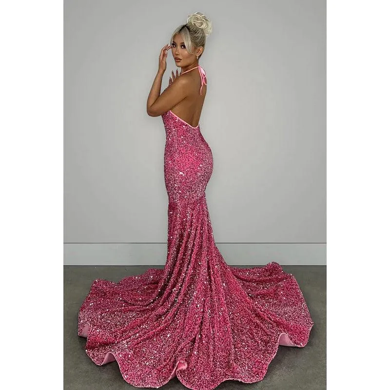 V-Neck Halter Backless Sequins Mermaid Long Prom Evening Dress With Sweep Train