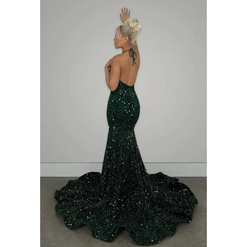 V-Neck Halter Backless Sequins Mermaid Long Prom Evening Dress With Sweep Train