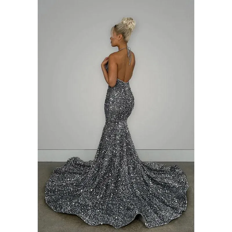 V-Neck Halter Backless Sequins Mermaid Long Prom Evening Dress With Sweep Train