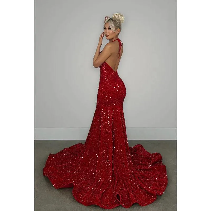 V-Neck Halter Backless Sequins Mermaid Long Prom Evening Dress With Sweep Train