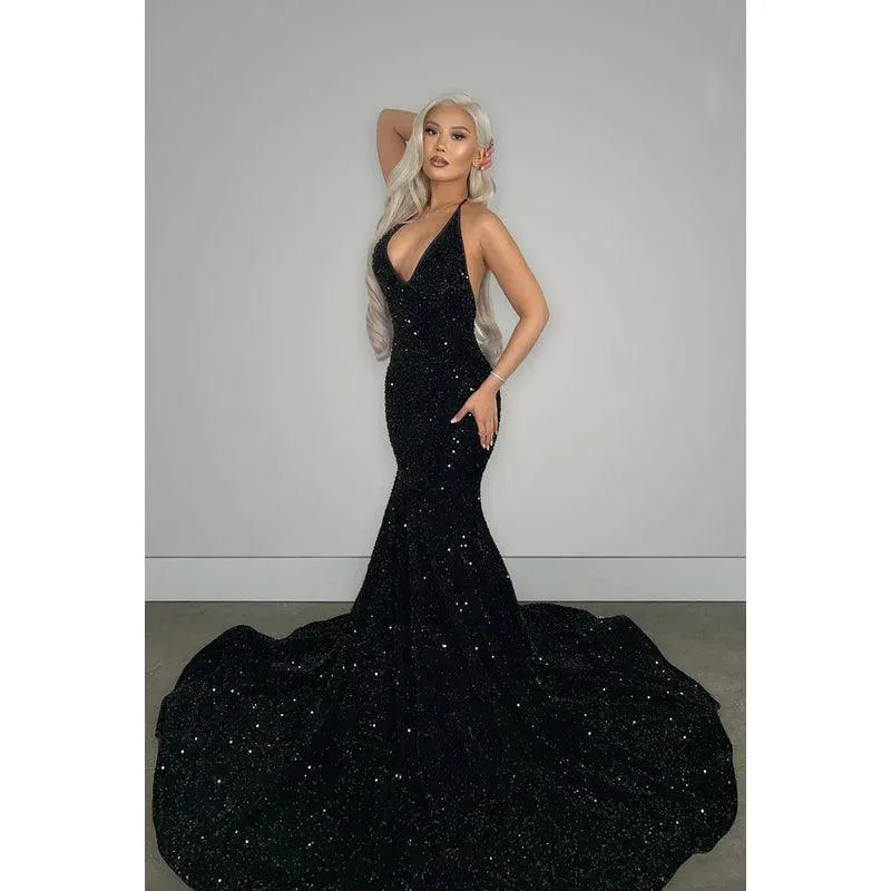 V-Neck Halter Backless Sequins Mermaid Long Prom Evening Dress With Sweep Train