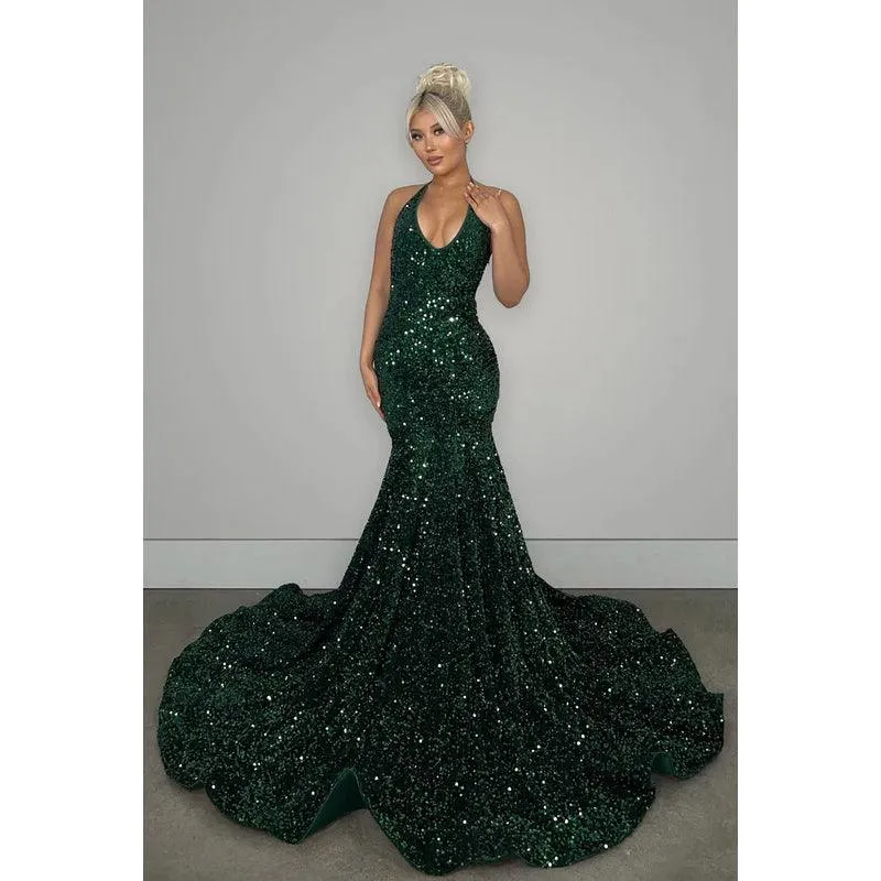 V-Neck Halter Backless Sequins Mermaid Long Prom Evening Dress With Sweep Train