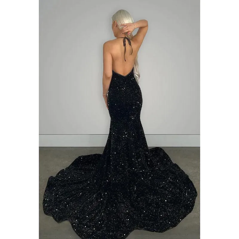 V-Neck Halter Backless Sequins Mermaid Long Prom Evening Dress With Sweep Train